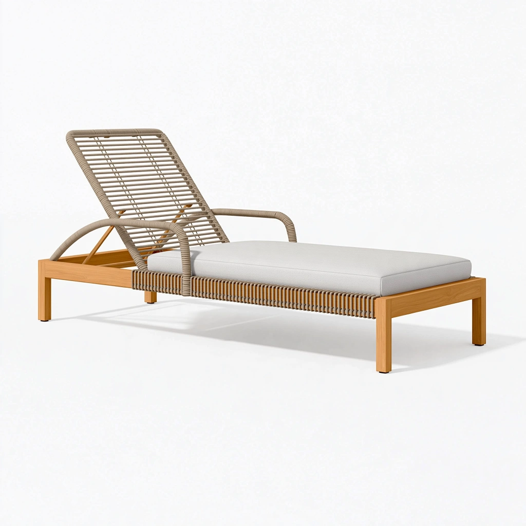 Lettino prendisole da esterno 200 x 75 cm in legno naturale con corda beige e cuscino grigio - schienale reclinabile