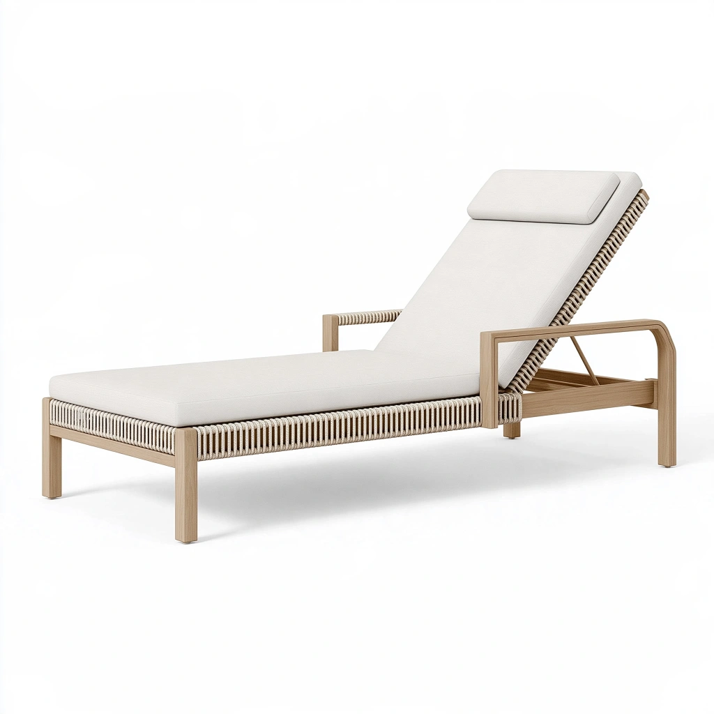 Lettino prendisole 200 x 70 cm in legno e corda beige con schienale reclinabile