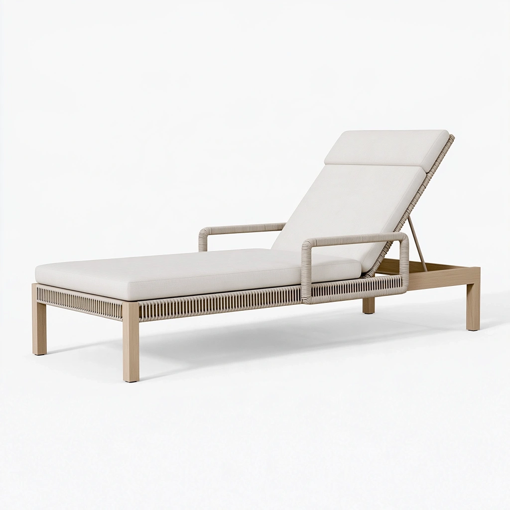 Lettino prendisole da esterno 200 x 75 cm in legno beige con corda intrecciata e cuscini stile contemporaneo