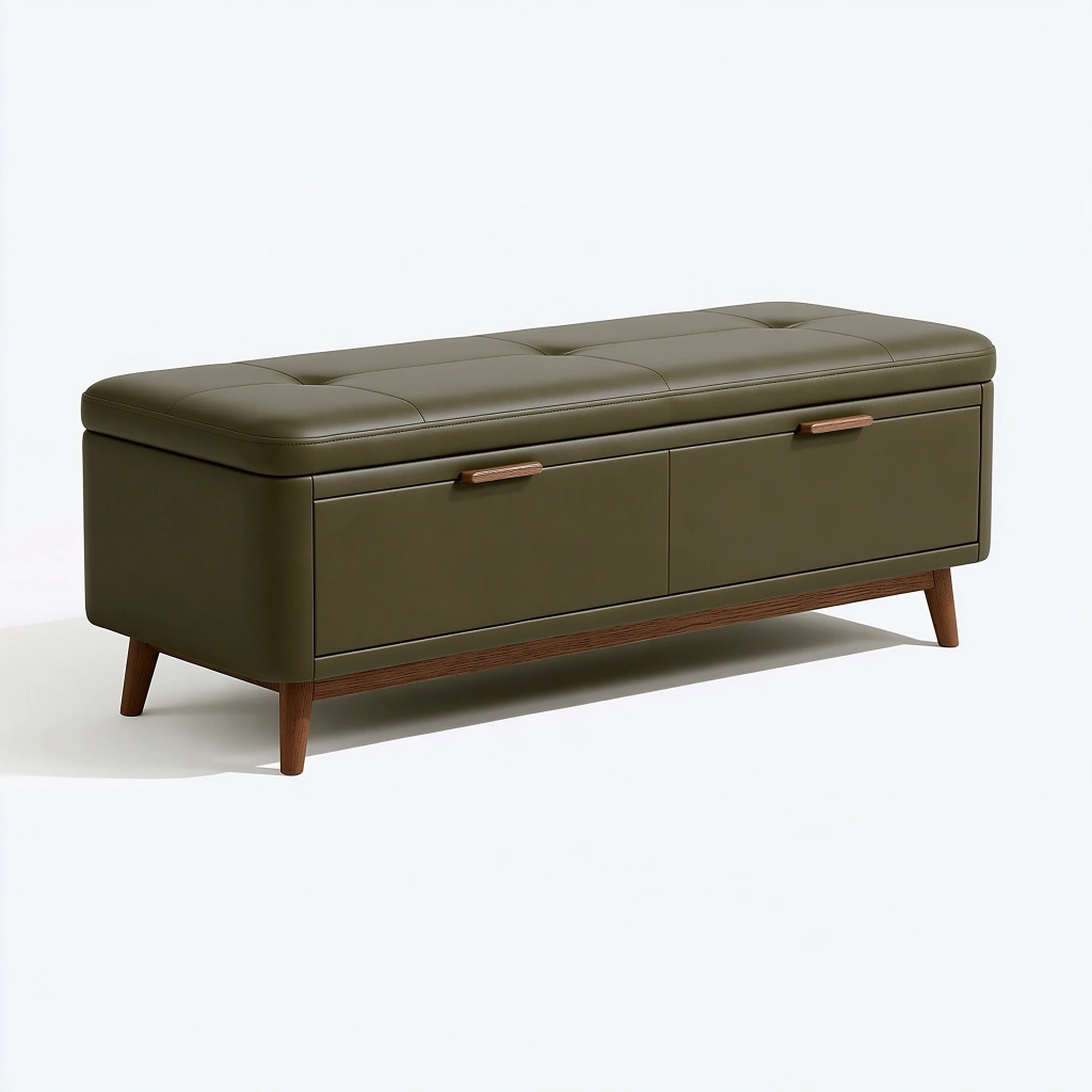Panca contenitore 120 cm in pelle sintetica verde oliva con ante e seduta imbottita