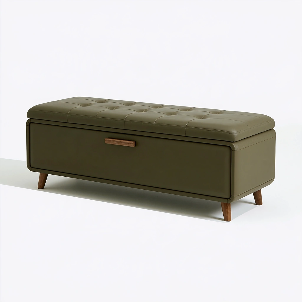 Panca contenitore 120 x 45 x 48 cm in rivestimento effetto pelle verde oliva con seduta imbottita capitonné
