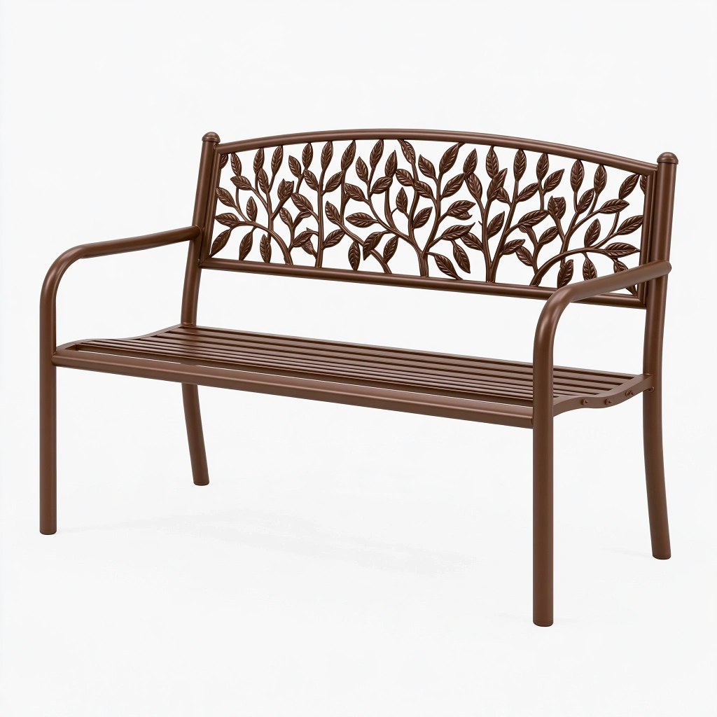 Panca da giardino 120 x 60 x 90 cm in metallo marrone con schienale a foglie per esterni