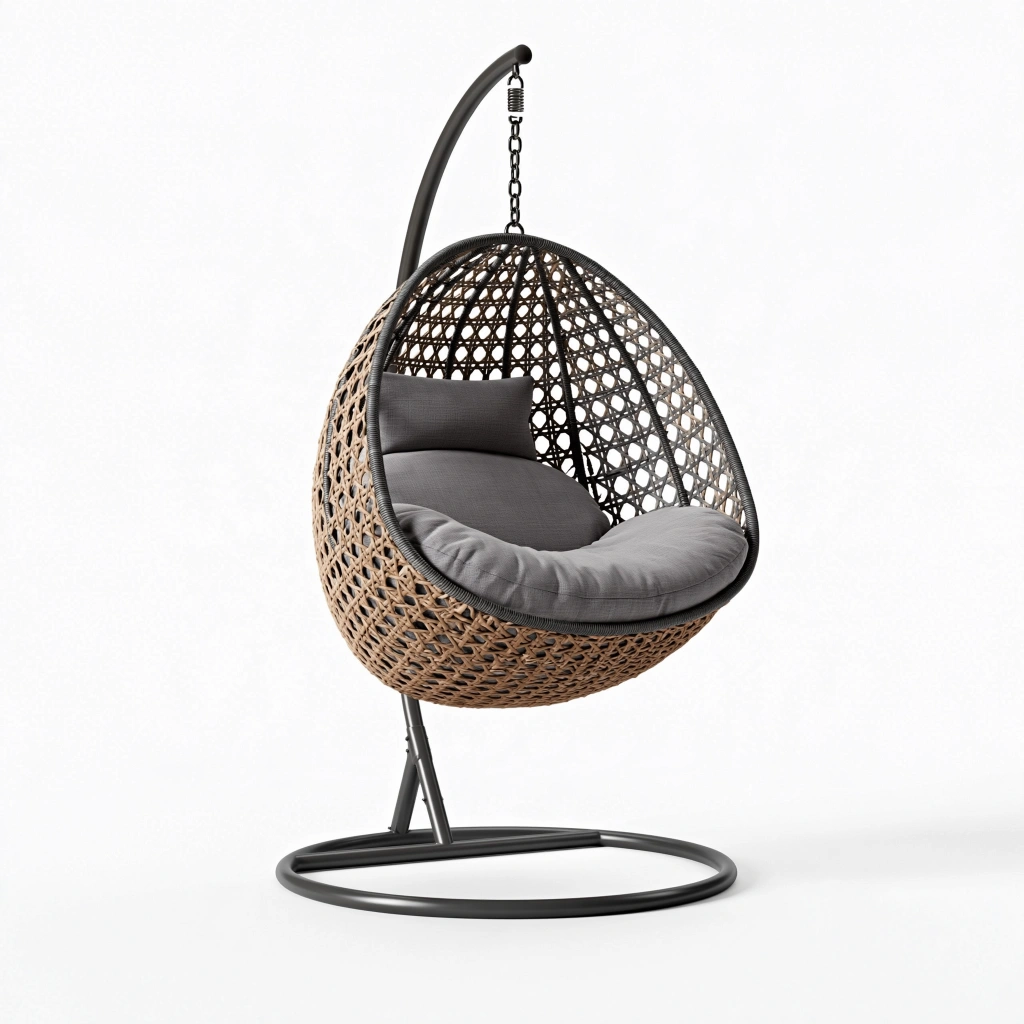 Poltrona sospesa 105 x 105 x 195 cm in fibra intrecciata beige con supporto in metallo nero