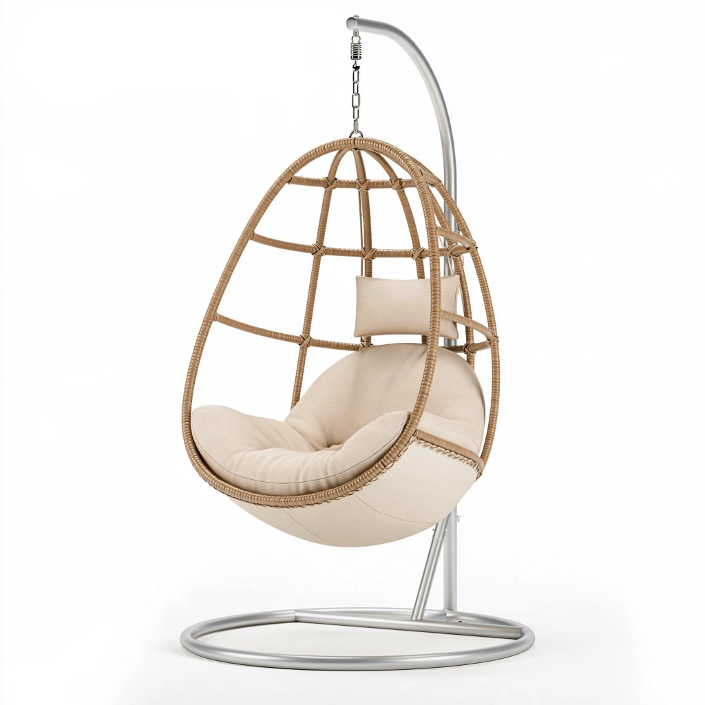 Poltrona sospesa a uovo 105 x 105 x 195 cm in acciaio e rattan sintetico beige con supporto