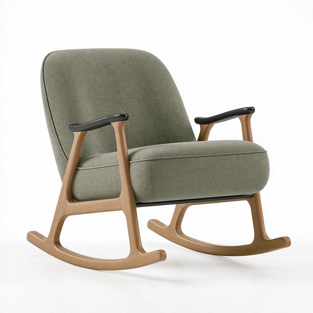 Sedia a dondolo 70 x 95 x 98 cm in tessuto verde con struttura in legno - poltrona con braccioli stile moderno